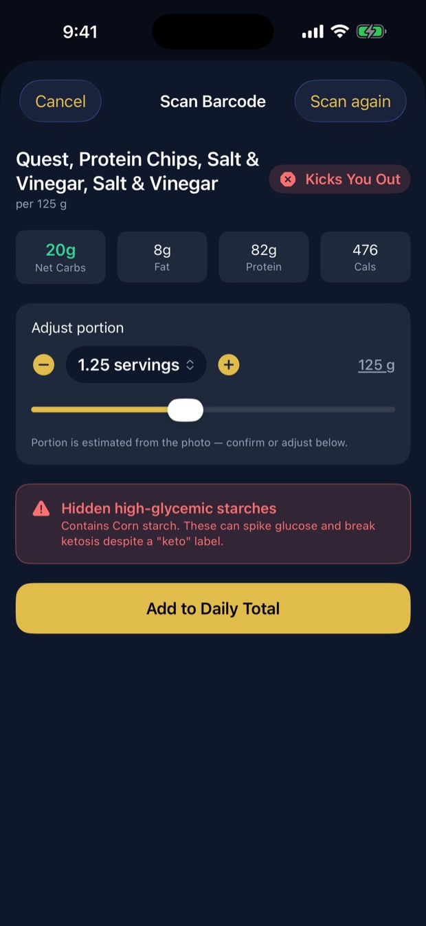 Ketolock barcode result showing 20 grams of net carbs, a red Kicks You Out verdict, and a radar warning for hidden high-glycemic corn starch.